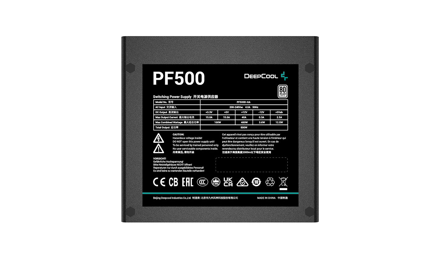 Deepcool PF500 PSU 500 Watts Power Supply Unit, 120mm Fan Size, Active PFC + Double Tube Forward, Hypro Bearing, 80 Plus Standard, 100-500ms Good Signal | R-PF500D-HA0B