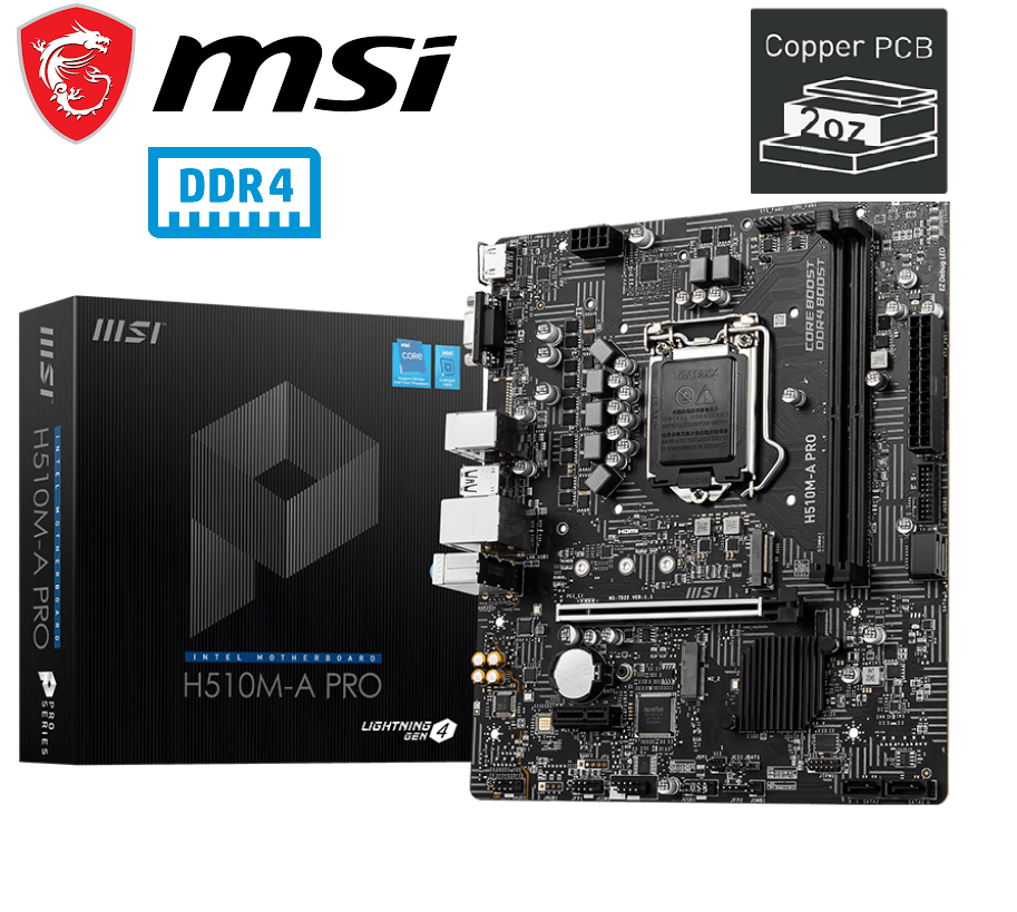 MSI H510M-A Pro Motherboard DDR4 Micro-ATX – Supports Intel Core 11Th Gen Processors, LGA 1200-2 X Dimms (3200Mhz), 1 X PCIe 4.0 X16, 1 X M.2 Gen3, USB 3.2 Gen1, 1G LAN, HDMI 2.0B