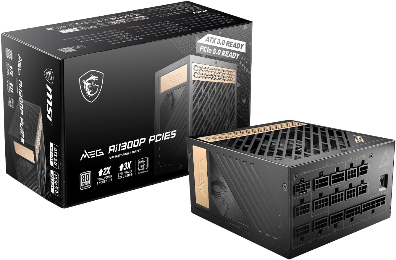 MSI – MEG Ai1300P PCIE 5.0 1300W Power Supply, 80 Plus PLATINUM Full Modular Gaming PSU, 12VHPWR Cable, Supports Nvidia® GeForce RTXTM 40 Series Graphics Cards & ATX 3.0