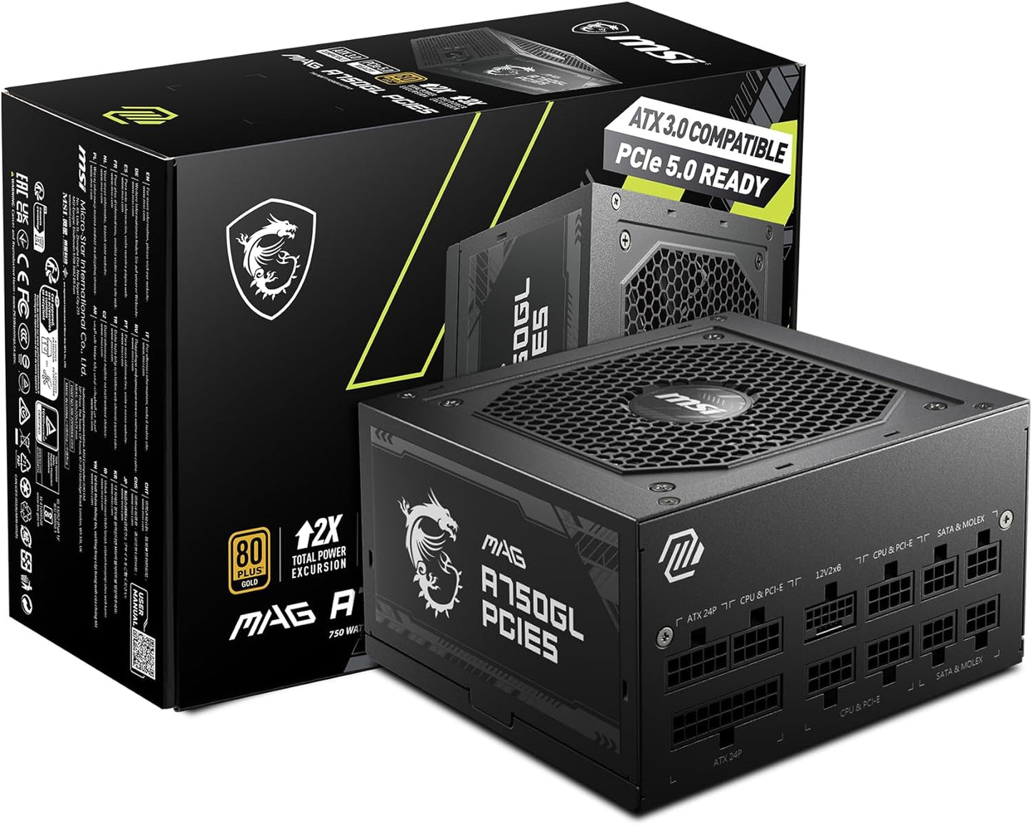 MSI MAG A750GL PCIE 5 & ATX 3.0 Gaming Power Supply – Full Modular – 80 Plus Gold Certified 750W -Supports NVIDIA® GeForce RTX 40 Series Graphics Cards – Black