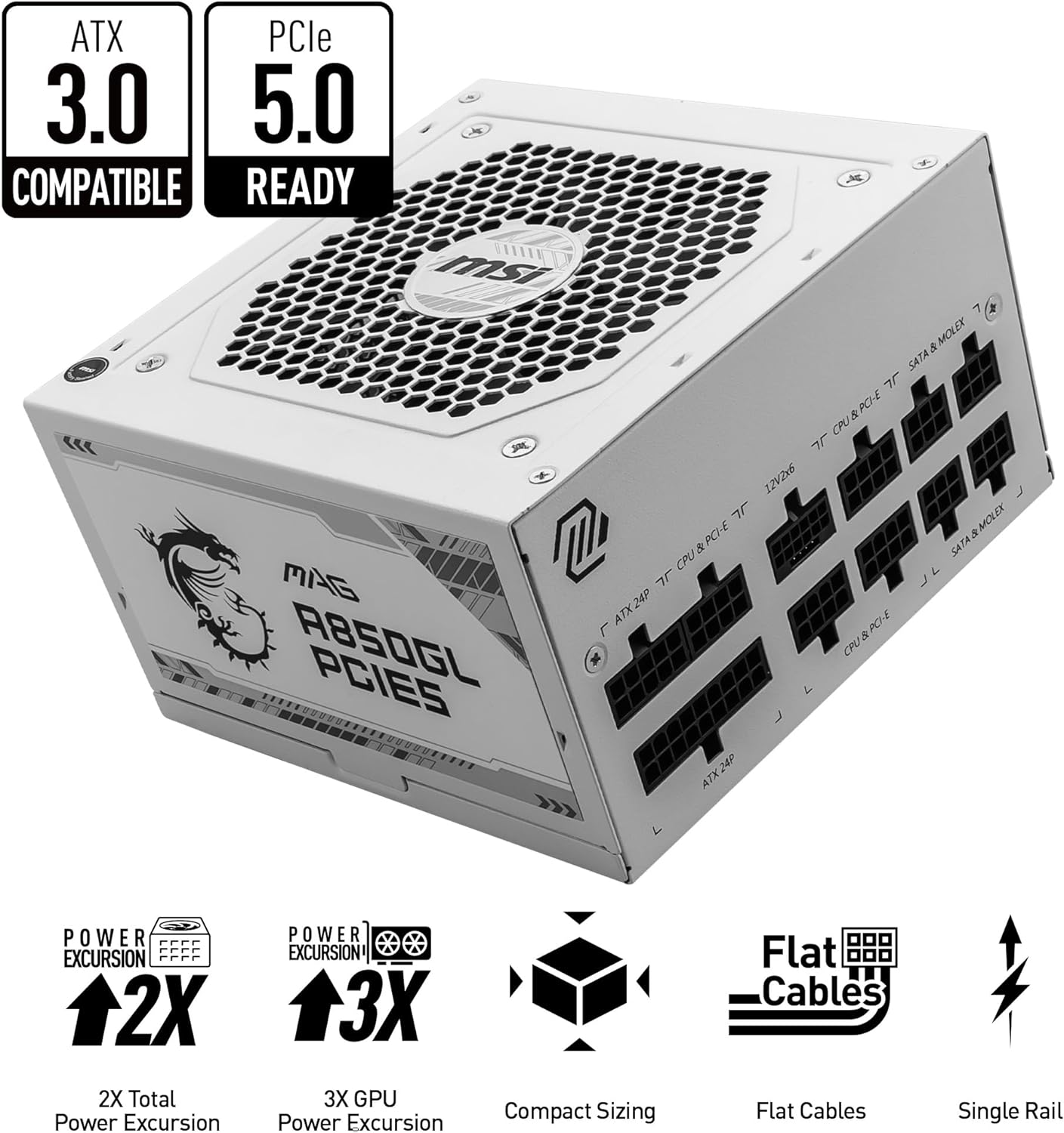 MSI MAG 850GL PCIE 5 White Gaming Power Supply – Full Modular – 80 Plus Gold Certified 850W – Compact Size – ATX PSU