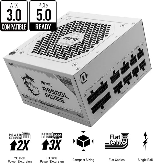 MSI MAG 850GL PCIE 5 White Gaming Power Supply – Full Modular – 80 Plus Gold Certified 850W – Compact Size – ATX PSU