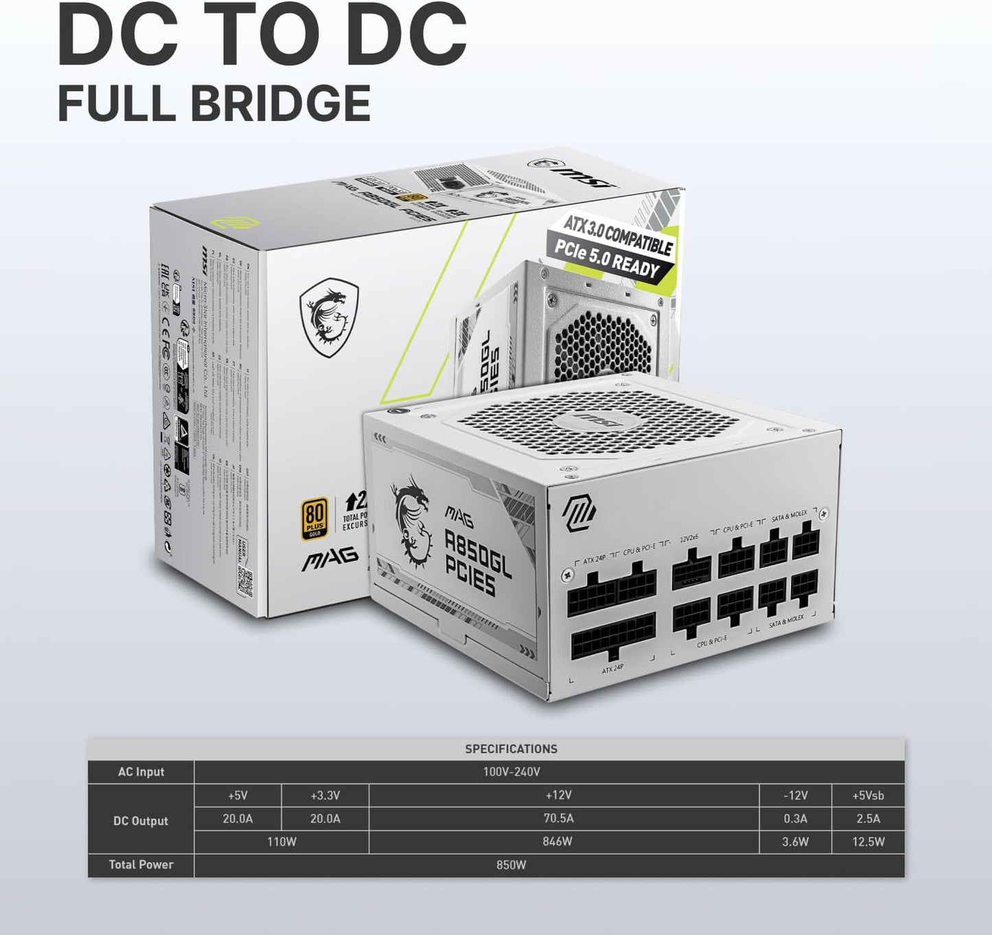 MSI MAG 850GL PCIE 5 White Gaming Power Supply – Full Modular – 80 Plus Gold Certified 850W – Compact Size – ATX PSU