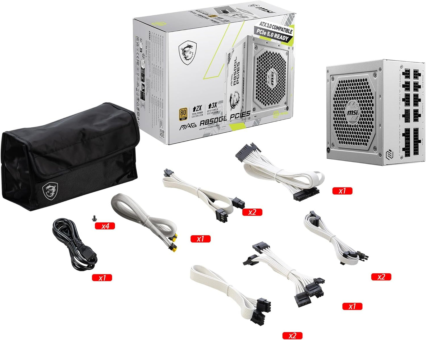 MSI MAG 850GL PCIE 5 White Gaming Power Supply – Full Modular – 80 Plus Gold Certified 850W – Compact Size – ATX PSU