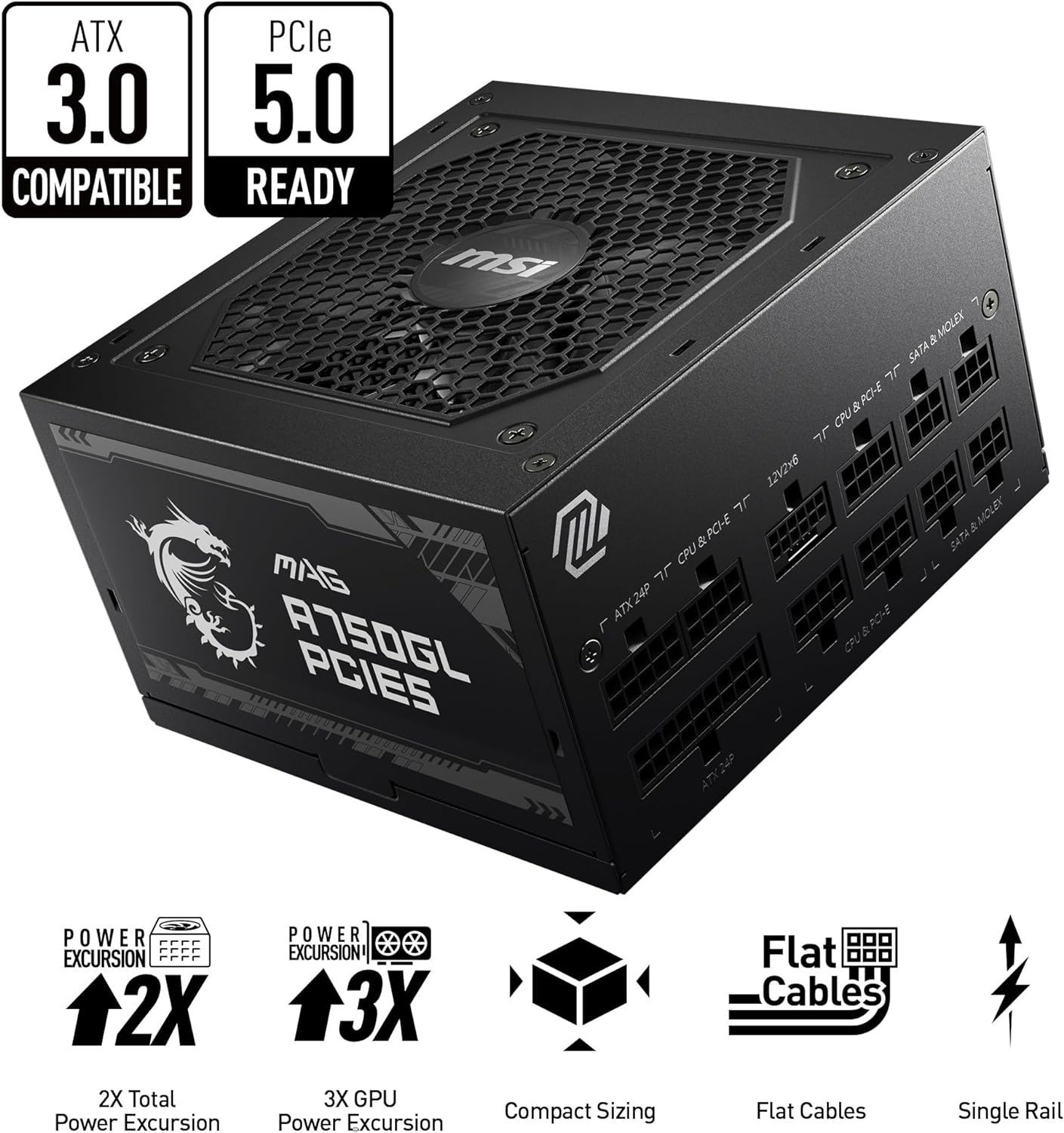 MSI MAG A750GL PCIE 5 & ATX 3.0 Gaming Power Supply – Full Modular – 80 Plus Gold Certified 750W -Supports NVIDIA® GeForce RTX 40 Series Graphics Cards – Black