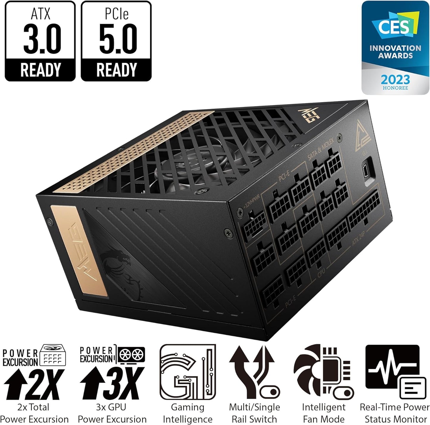 MSI – MEG Ai1300P PCIE 5.0 1300W Power Supply, 80 Plus PLATINUM Full Modular Gaming PSU, 12VHPWR Cable, Supports Nvidia® GeForce RTXTM 40 Series Graphics Cards & ATX 3.0