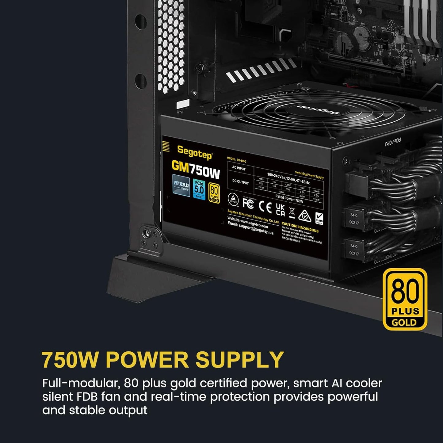 Segotep GM750W 750W Power Supply, 80 Plus Gold Full Modular PCIe 5.0 & ATX 3.0 Gaming PSU For NVIDIA RTX 20/30/40 Series & AMD GPU, 120mm Silent FDB Fan