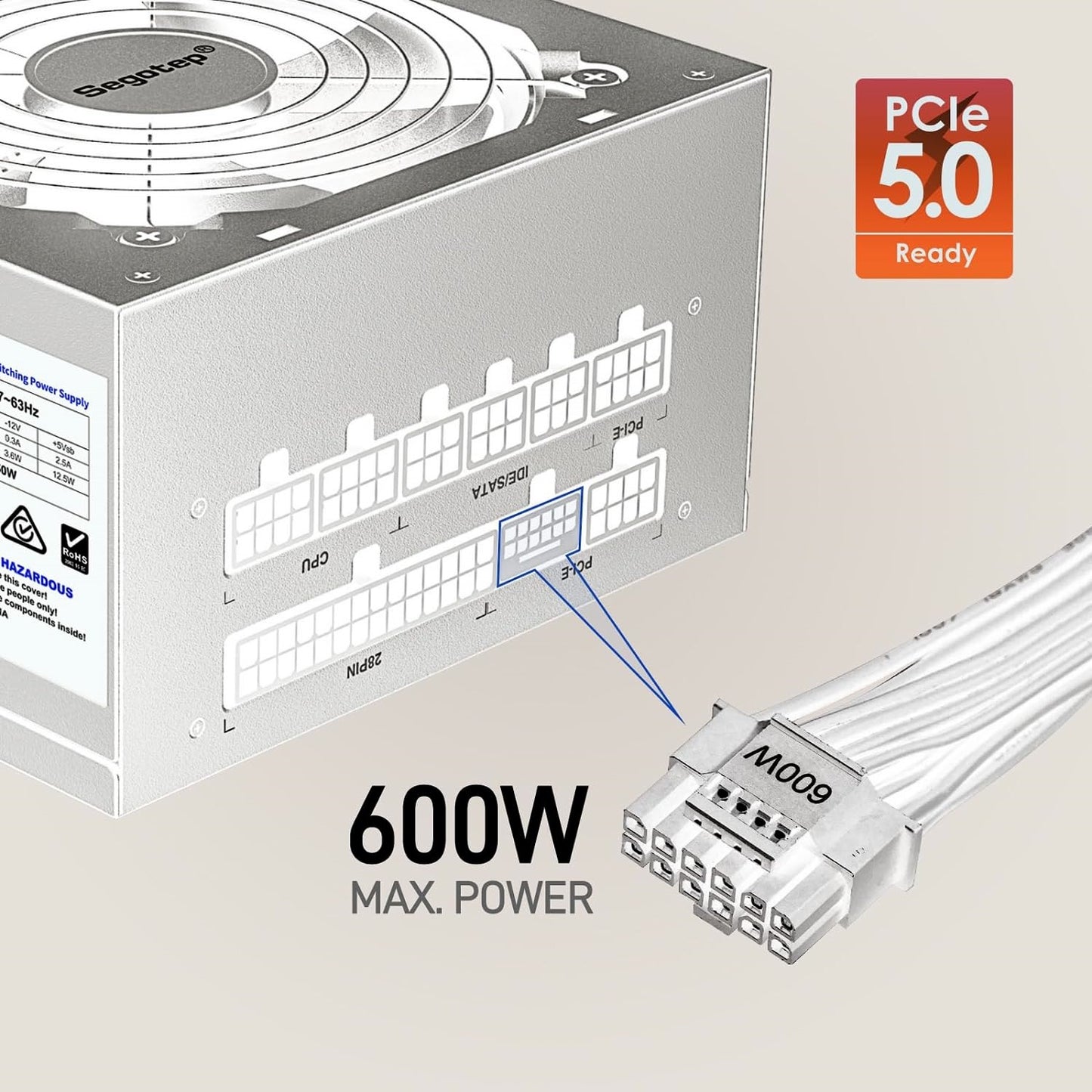 Segotep GM750W 750W Power Supply, 80 Plus Gold Full Modular PCIe 5.0 & ATX 3.0 Gaming PSU For NVIDIA RTX 20/30/40 Series & AMD GPU, 120mm Silent FDB Fan – WHITE