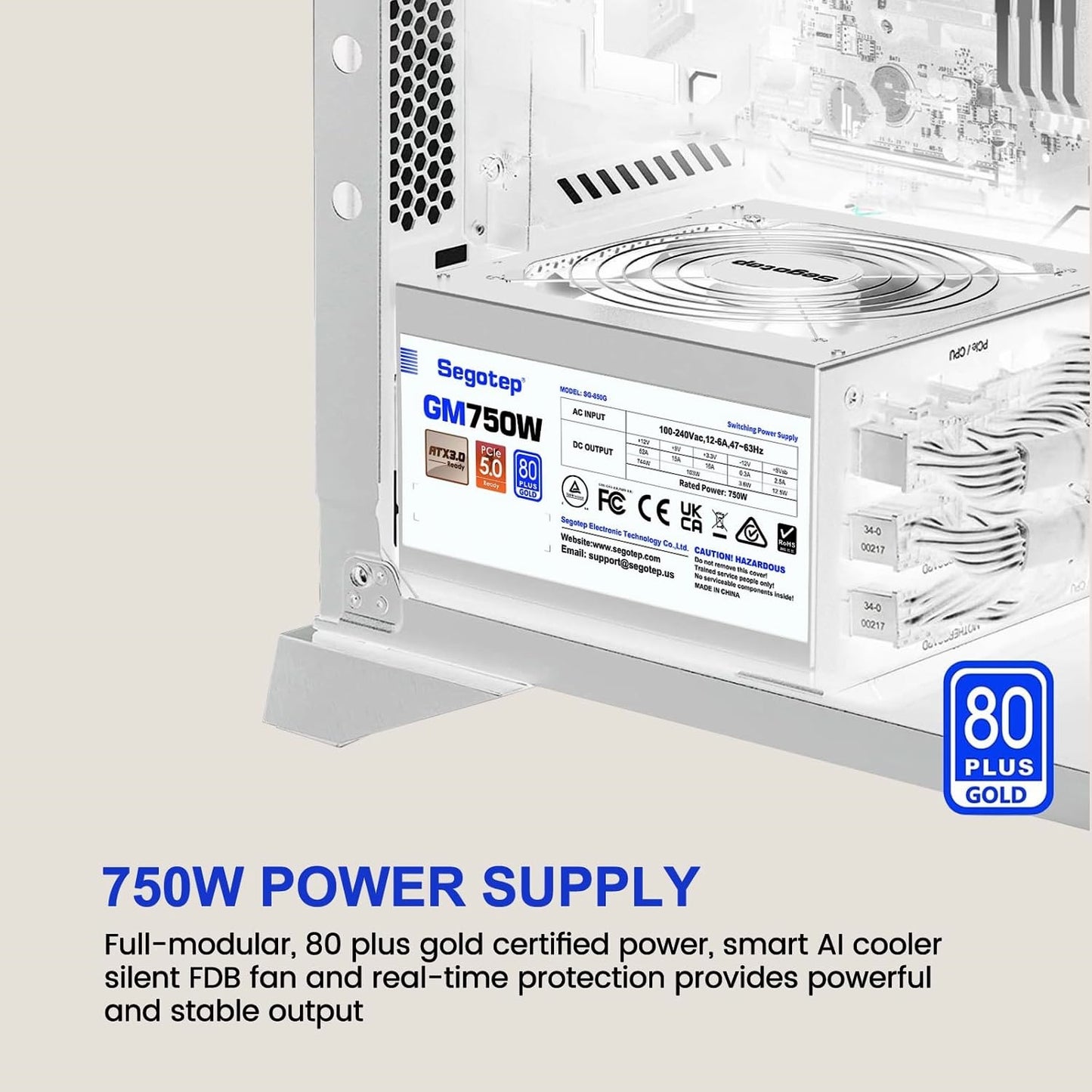 Segotep GM750W 750W Power Supply, 80 Plus Gold Full Modular PCIe 5.0 & ATX 3.0 Gaming PSU For NVIDIA RTX 20/30/40 Series & AMD GPU, 120mm Silent FDB Fan – WHITE