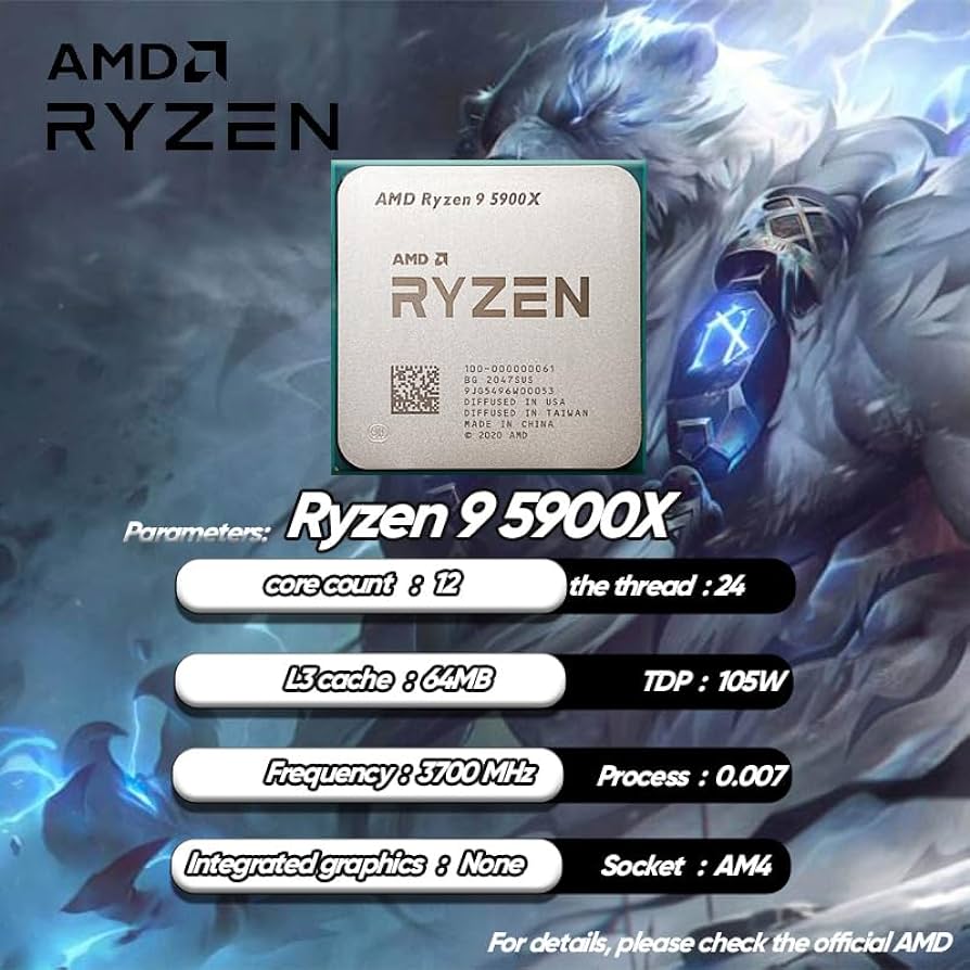 AMD Ryzen 9 5900X – Ryzen 9 5000 Series Vermeer (Zen 3) 12-Core 3.7 GHz Socket AM4 105W None Integrated 24-Thread Unlocked Graphics Desktop Processor – 100-100000061WOF