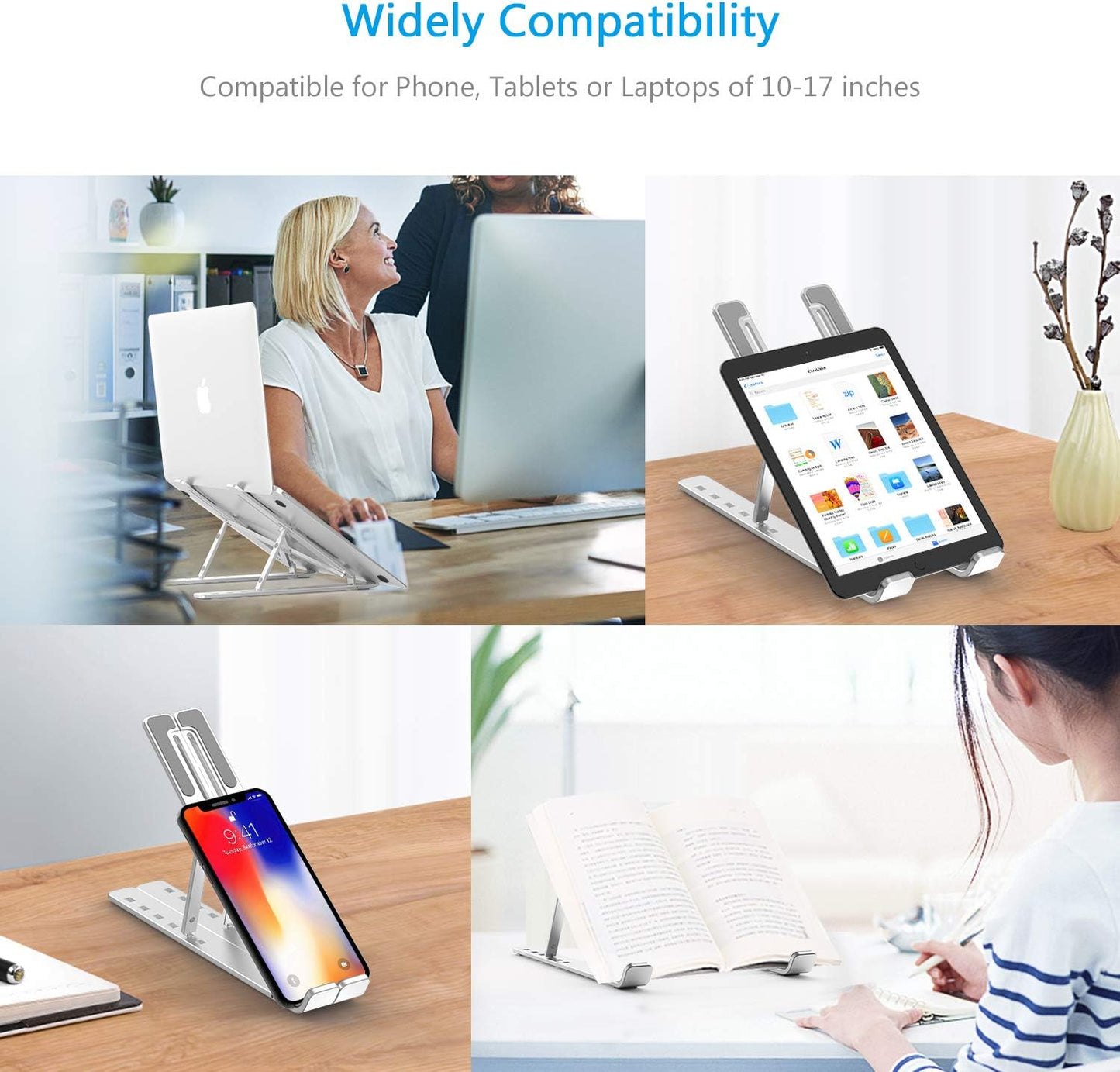 Ultra Compact Laptop Riser Stand | 6 Levels Of Height Adjustable Portable Laptop Holder For Desk | Aluminum Foldable Laptop Riser, Compatible With  ALL Laptops Up To 17.3 Inch Size | Silver