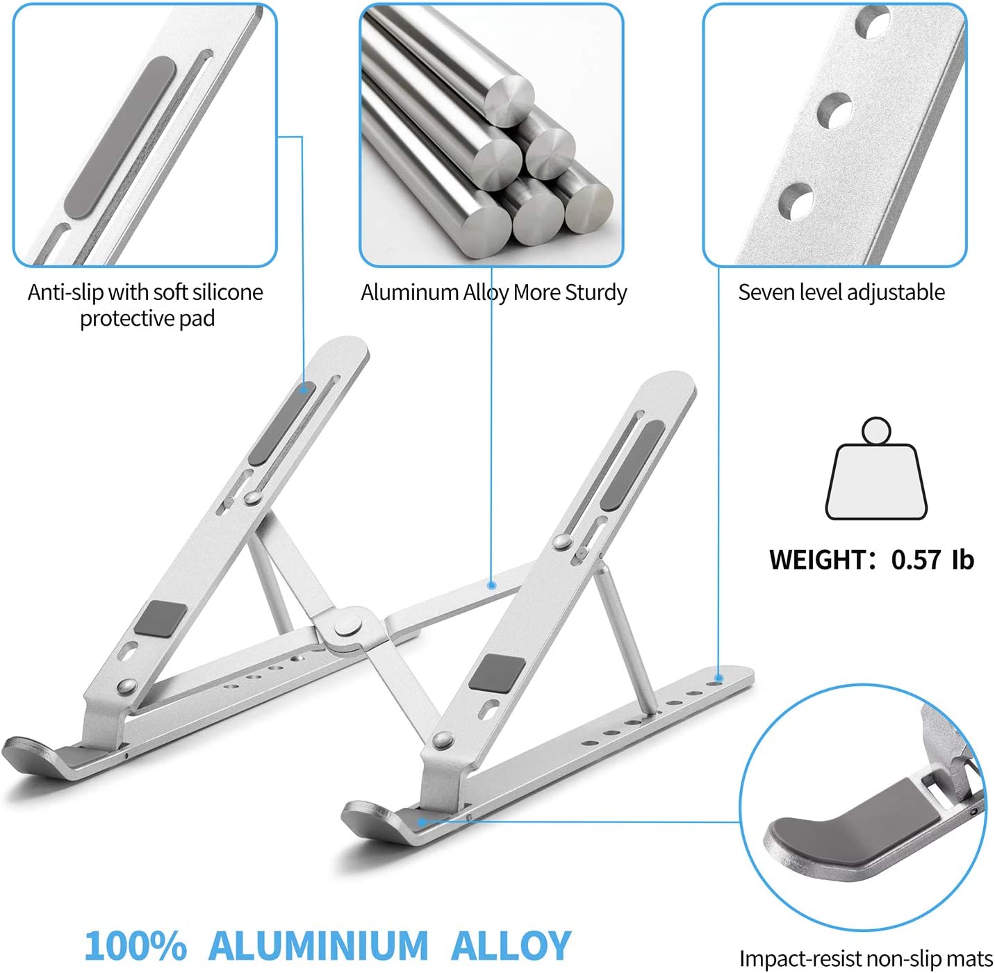 Ultra Compact Laptop Riser Stand | 6 Levels Of Height Adjustable Portable Laptop Holder For Desk | Aluminum Foldable Laptop Riser, Compatible With  ALL Laptops Up To 17.3 Inch Size | Silver