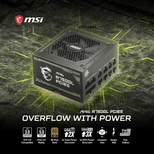 MSI MAG A750GL PCIE 5 & ATX 3.0 Gaming Power Supply – Full Modular – 80 Plus Gold Certified 750W -Supports NVIDIA® GeForce RTX 40 Series Graphics Cards –  Black