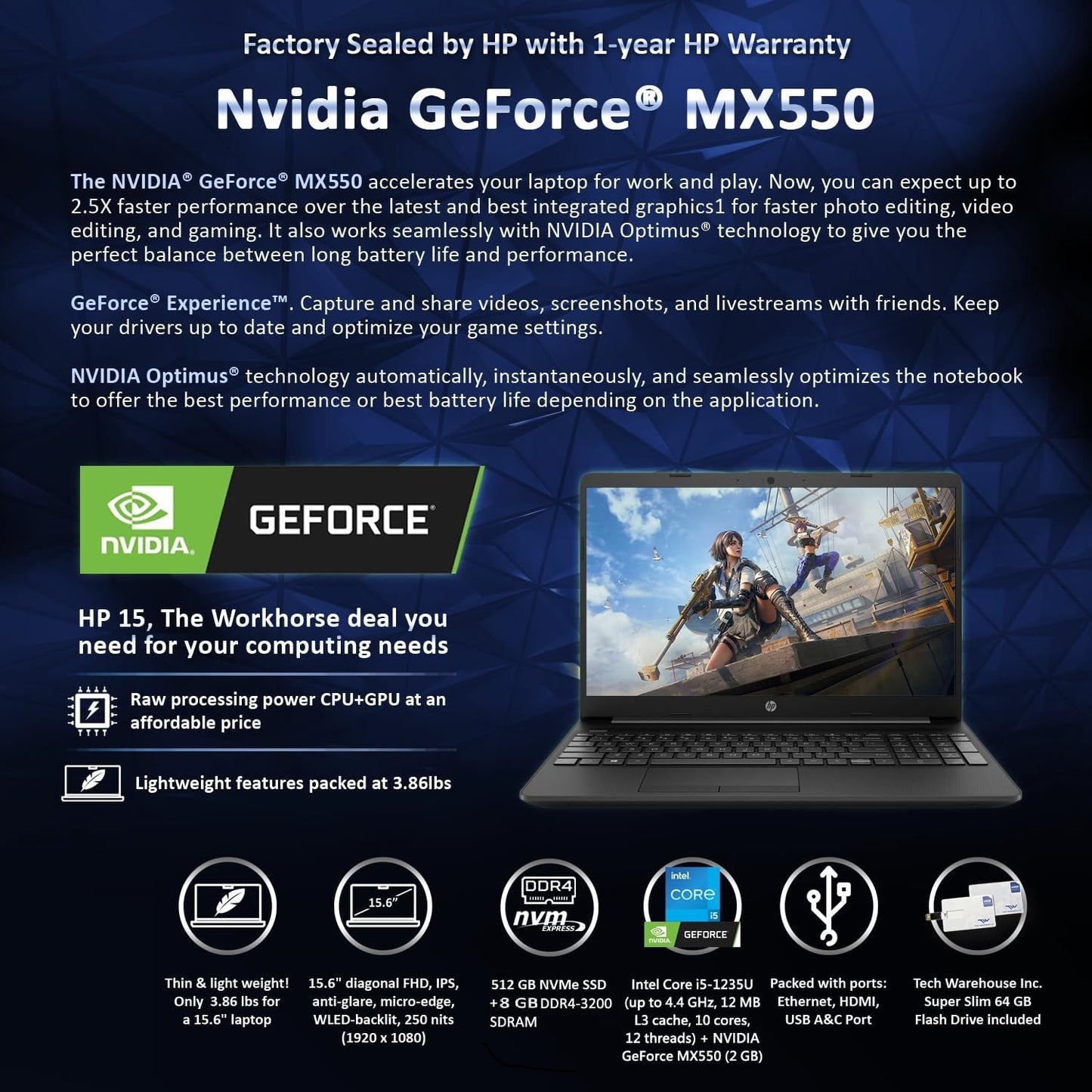 HP 15-Dw4002nia Laptop I5 12th, 15.6″ FHD Display (1920 X 1080), Intel Core I5-1235U 4.4 GHz, 8GB RAM, 512 SSD, NVIDIA GeForce MX550 2GB GDDR6, English K/B , DOS | 6N237EA Jet Black