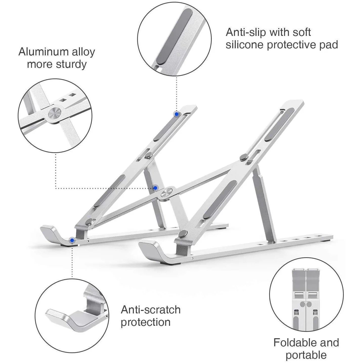 Ultra Compact Laptop Riser Stand | 6 Levels Of Height Adjustable Portable Laptop Holder For Desk | Aluminum Foldable Laptop Riser, Compatible With  ALL Laptops Up To 17.3 Inch Size | Silver