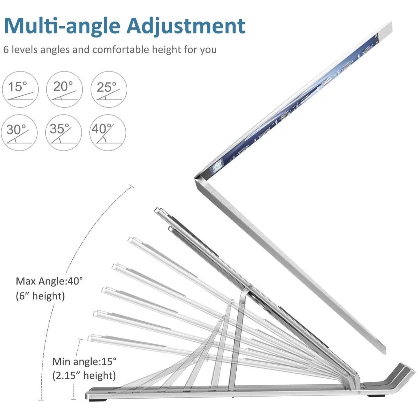 Ultra Compact Laptop Riser Stand | 6 Levels Of Height Adjustable Portable Laptop Holder For Desk | Aluminum Foldable Laptop Riser, Compatible With  ALL Laptops Up To 17.3 Inch Size | Silver