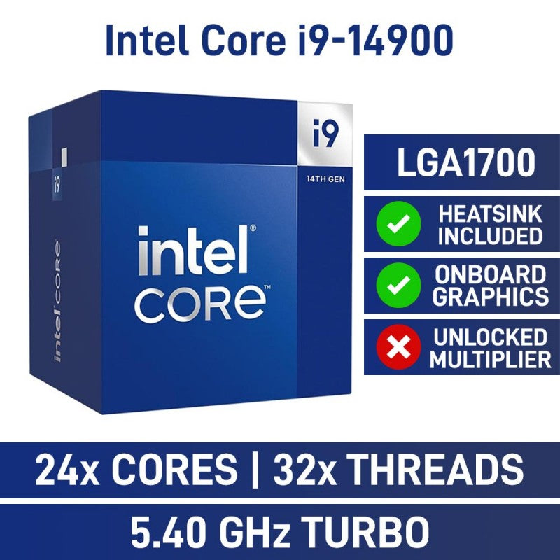 CPU Intel Core I9-14900 – Core I9 14th Gen Raptor Lake 24-Core (8P+16E) Up To 5.8 GHz LGA 1700 65W Intel UHD Graphics 770 Processor Boxed ; Includes Heatsink – CM8071504820609