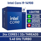 CPU Intel Core I9-14900 – Core I9 14th Gen Raptor Lake 24-Core (8P+16E) Up To 5.8 GHz LGA 1700 65W Intel UHD Graphics 770 Processor Boxed ; Includes Heatsink – CM8071504820609