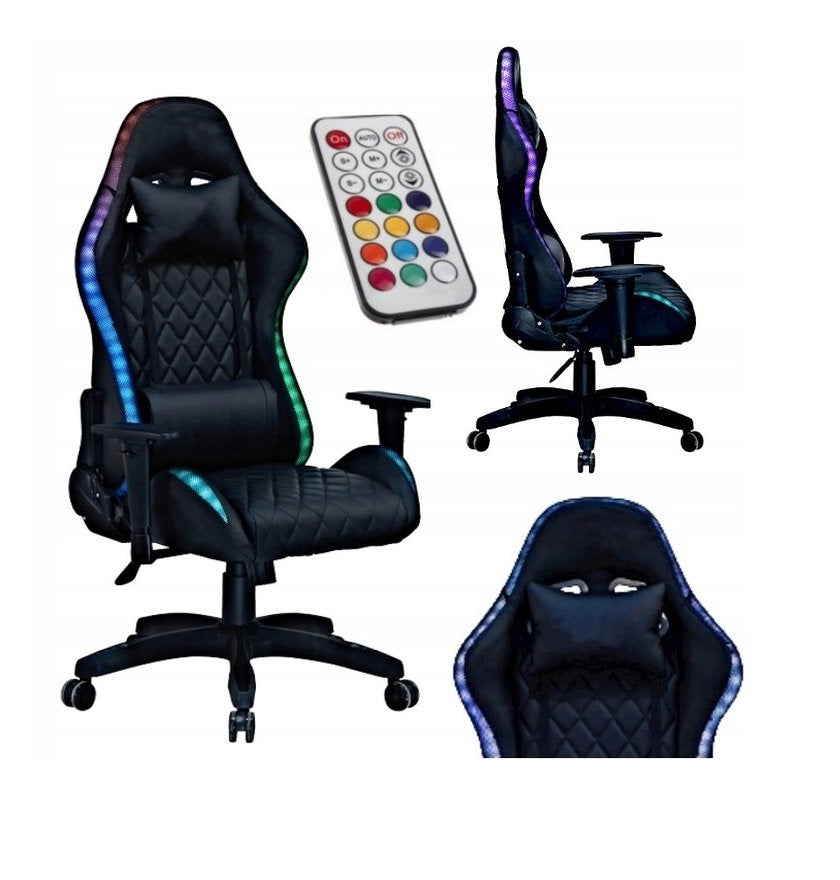 GEATIX UT-B918 High-Back Ergonomic Gaming Chair With RGB LED Lights, Headrest, Lumbar Support, Height Adjustable Swivel Recliner Chair – BLACK